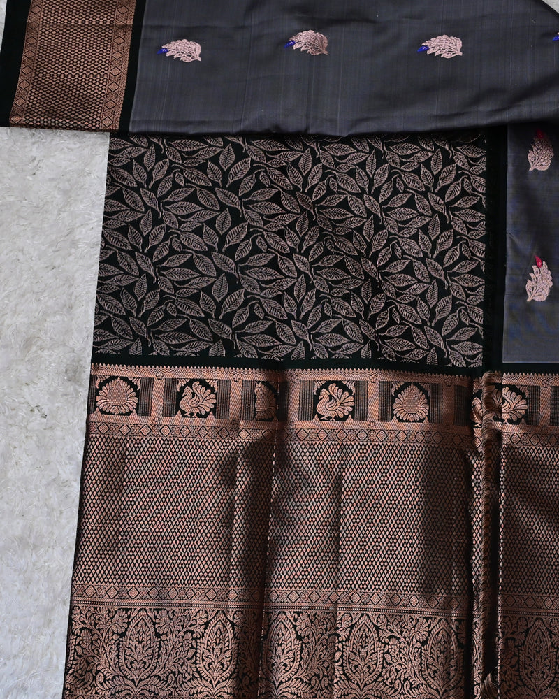 Shyamala – Charcoal Grey Venkatagiri Silk Saree with Antique Copper Border