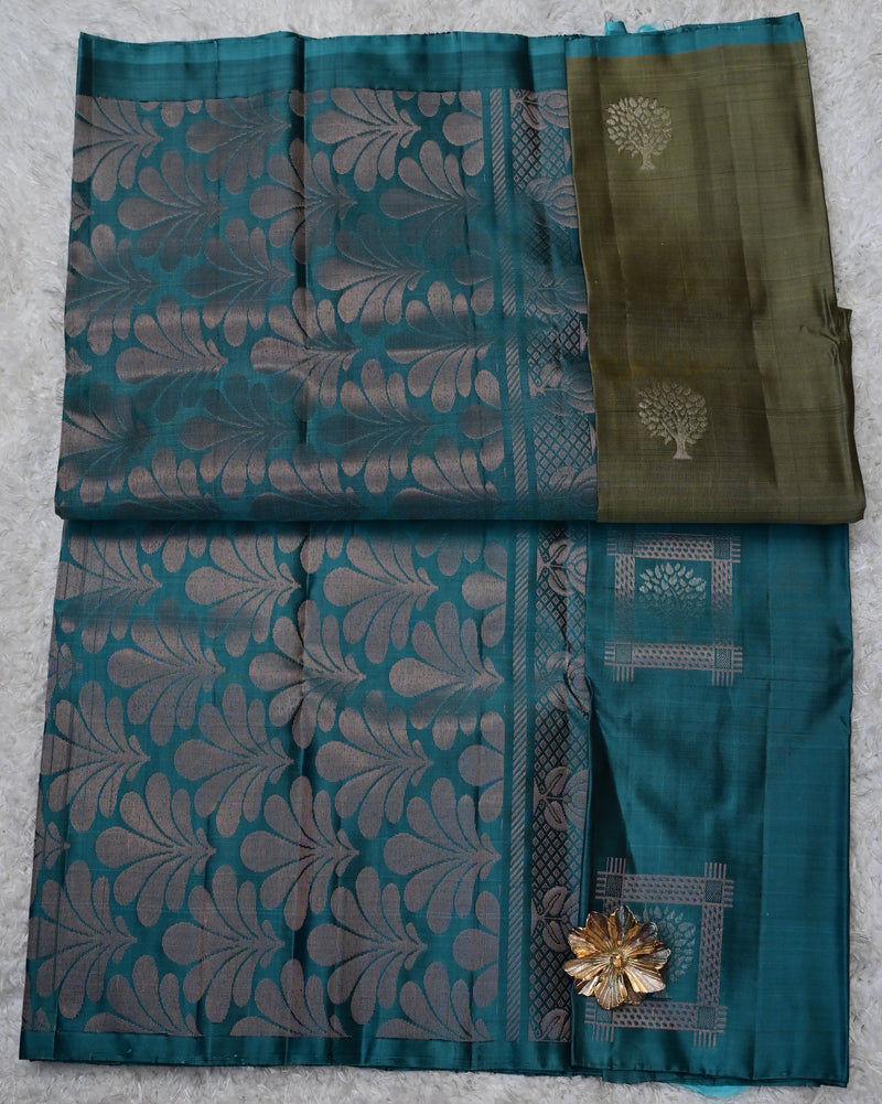 Aarmiya – Olive Green & Teal Venkatagiri Pure Silk Saree