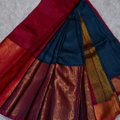 Prerana – Pure Mangalagiri Silk by Cotton Saree in Red with Blue Contrast