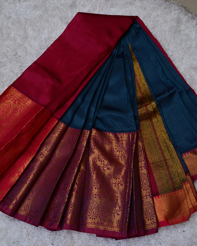 Prerana – Pure Mangalagiri Silk by Cotton Saree in Red with Blue Contrast
