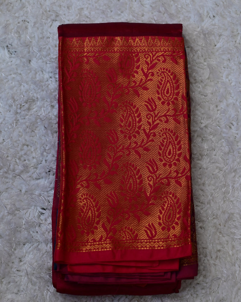 Prerana – Pure Mangalagiri Silk by Cotton Saree in Red with Blue Contrast