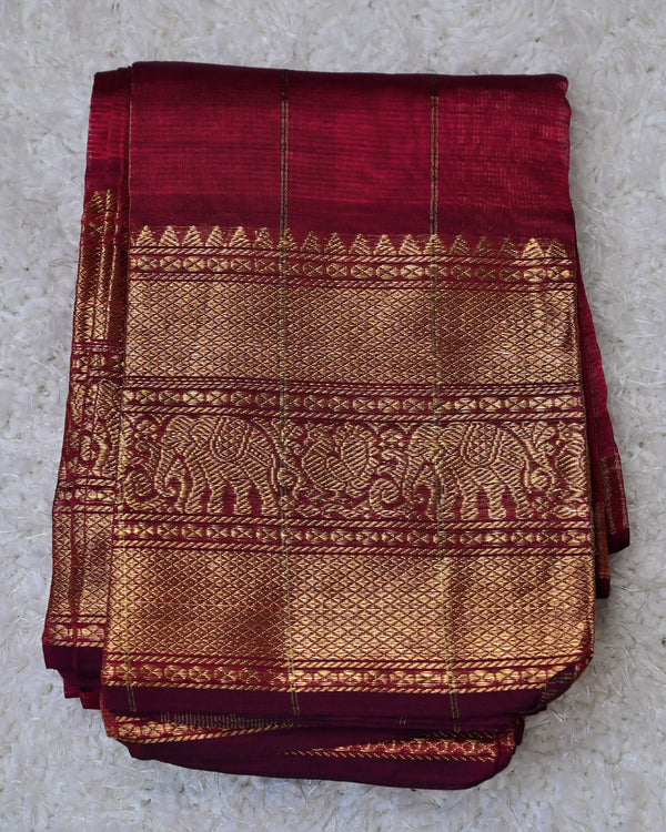 Vamika – Pure Mangalagiri Silk by Cotton Saree in Maroon with Zari Elephant Motifs