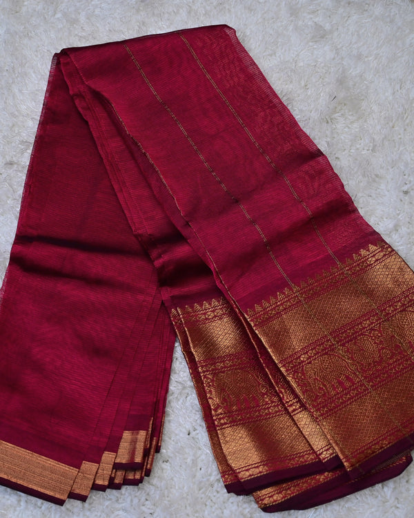 Vamika – Pure Mangalagiri Silk by Cotton Saree in Maroon with Zari Elephant Motifs