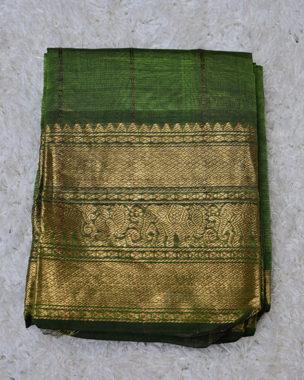 Kanaka – Pure Mangalagiri Silk by Cotton Saree in Green with Zari Elephant Motifs