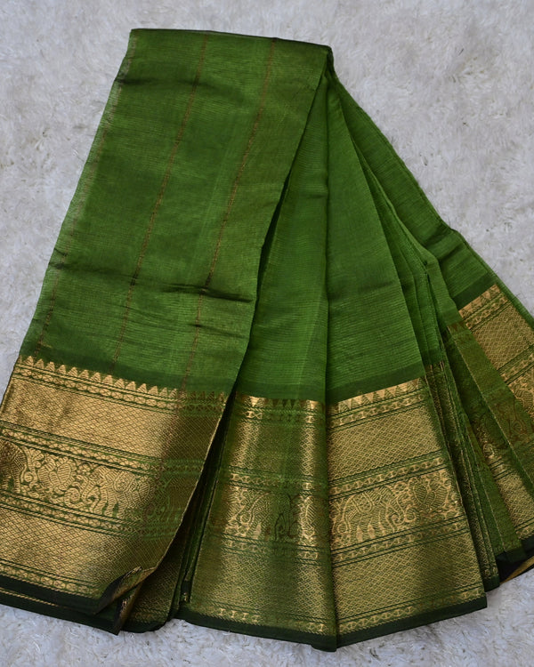 Kanaka – Pure Mangalagiri Silk by Cotton Saree in Green with Zari Elephant Motifs