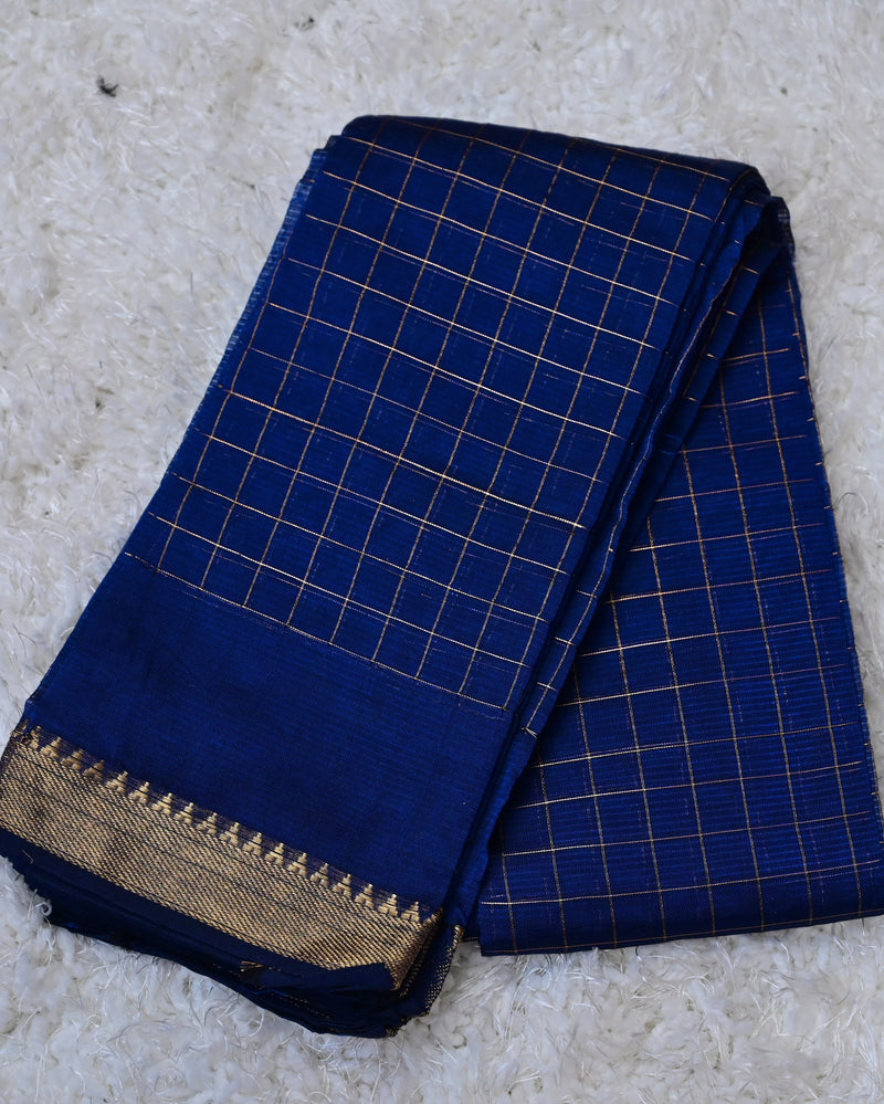 Neelima – Pure Mangalagiri Silk by Cotton Saree in Royal Blue with Zari Checks