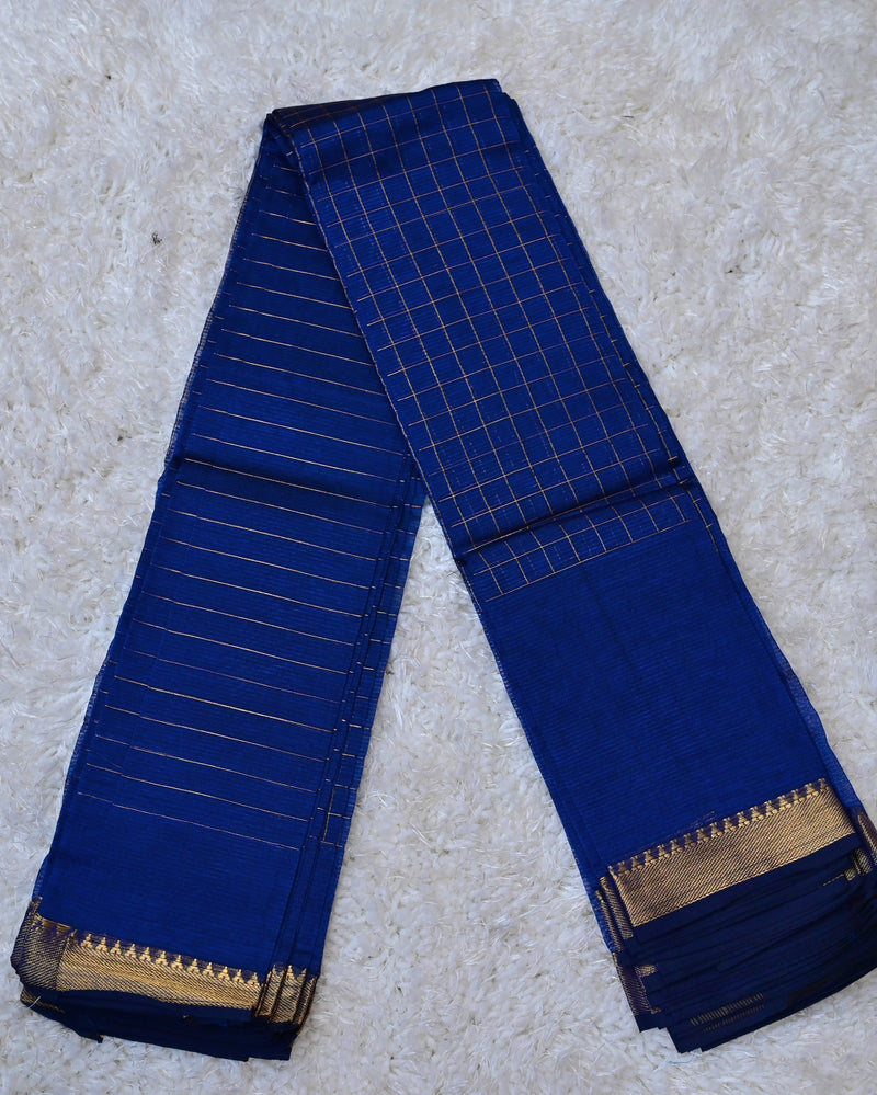 Neelima – Pure Mangalagiri Silk by Cotton Saree in Royal Blue with Zari Checks