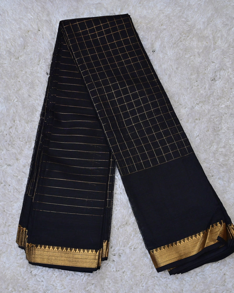 Shyama – Pure Mangalagiri Silk by Cotton Saree in Black with Zari Checks