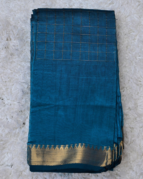 Indira – Pure Mangalagiri Silk by Cotton Saree in Teal Blue with Zari Border