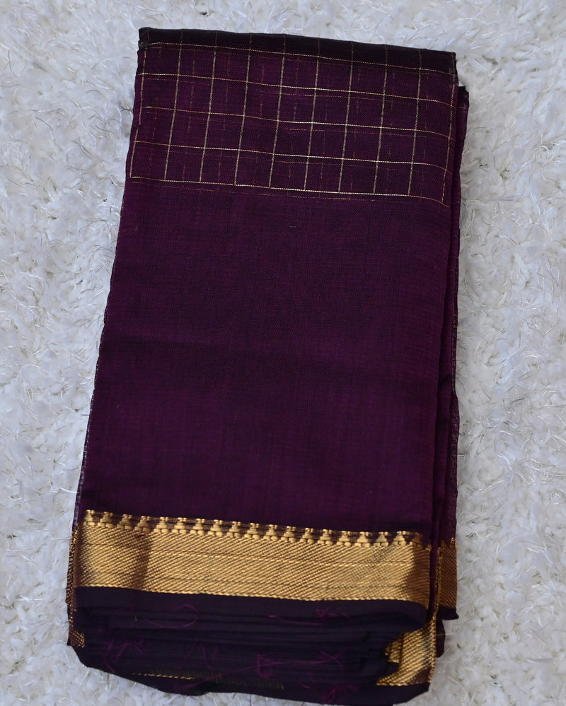 Mridula – Pure Mangalagiri Silk by Cotton Saree in Plum Purple with Zari Checks