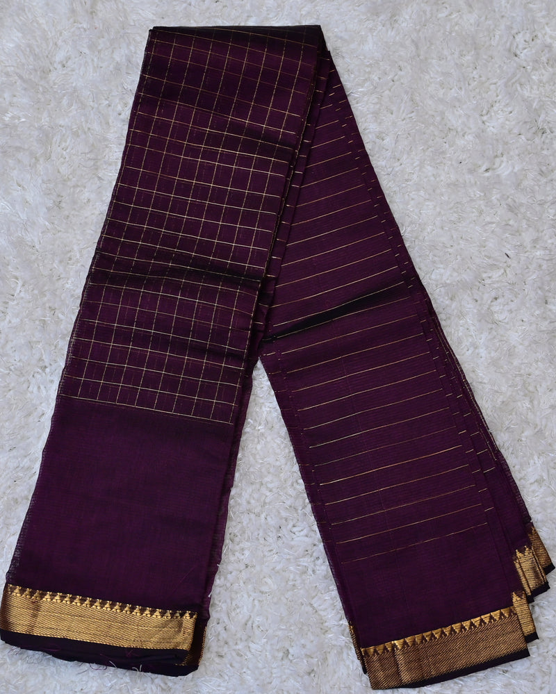 Mridula – Pure Mangalagiri Silk by Cotton Saree in Plum Purple with Zari Checks