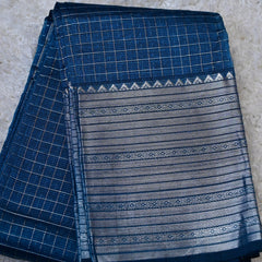 Yamika – Pure Mangalagiri Silk by Cotton Saree in Blue with Silver Zari Border