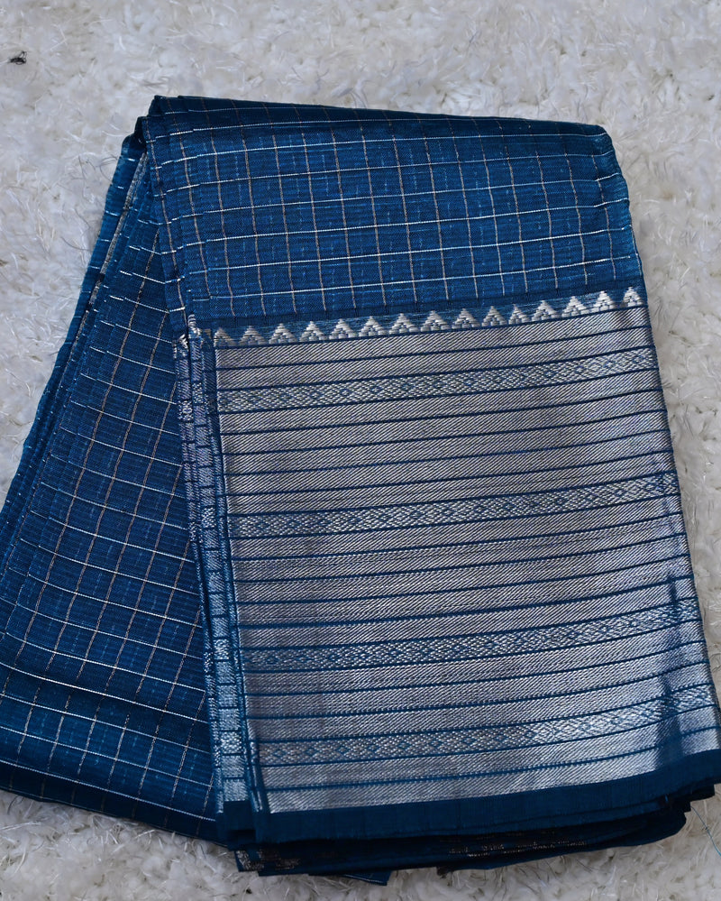 Yamika – Pure Mangalagiri Silk by Cotton Saree in Blue with Silver Zari Border