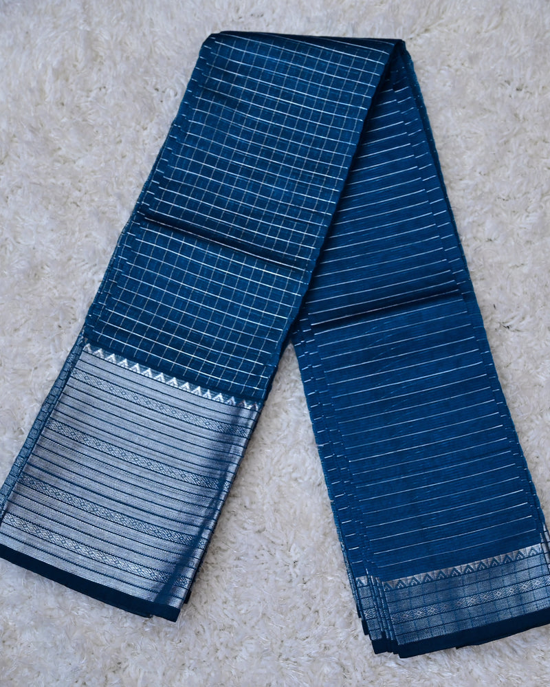 Yamika – Pure Mangalagiri Silk by Cotton Saree in Blue with Silver Zari Border