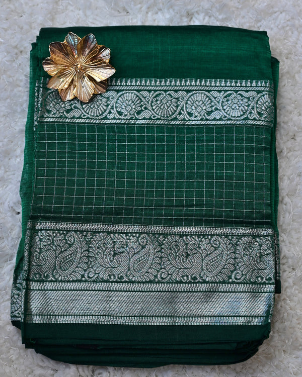 Vasudhara – Pure Mangalagiri Silk by Cotton Saree in Emerald Green with Silver Zari Gap Border
