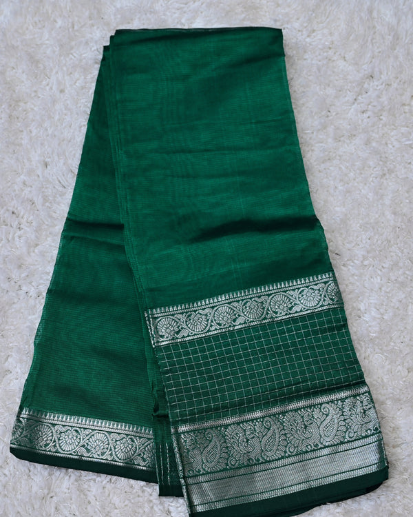 Vasudhara – Pure Mangalagiri Silk by Cotton Saree in Emerald Green with Silver Zari Gap Border