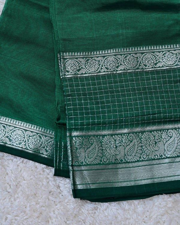 Vasudhara – Pure Mangalagiri Silk by Cotton Saree in Emerald Green with Silver Zari Gap Border