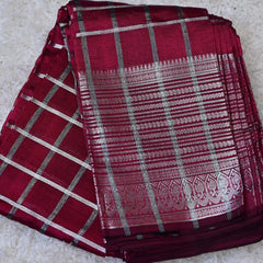 Ragini – Pure Mangalagiri Silk by Cotton Saree in Deep Red with Silver Zari Checks and Stripes