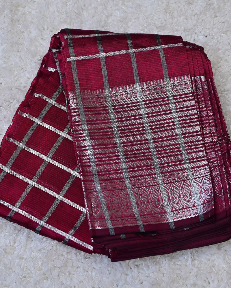 Ragini – Pure Mangalagiri Silk by Cotton Saree in Deep Red with Silver Zari Checks and Stripes