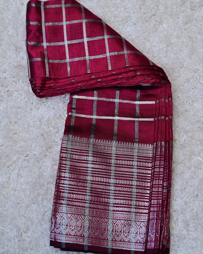 Ragini – Pure Mangalagiri Silk by Cotton Saree in Deep Red with Silver Zari Checks and Stripes