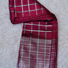 Ragini – Pure Mangalagiri Silk by Cotton Saree in Deep Red with Silver Zari Checks and Stripes