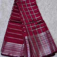Ragini – Pure Mangalagiri Silk by Cotton Saree in Deep Red with Silver Zari Checks and Stripes