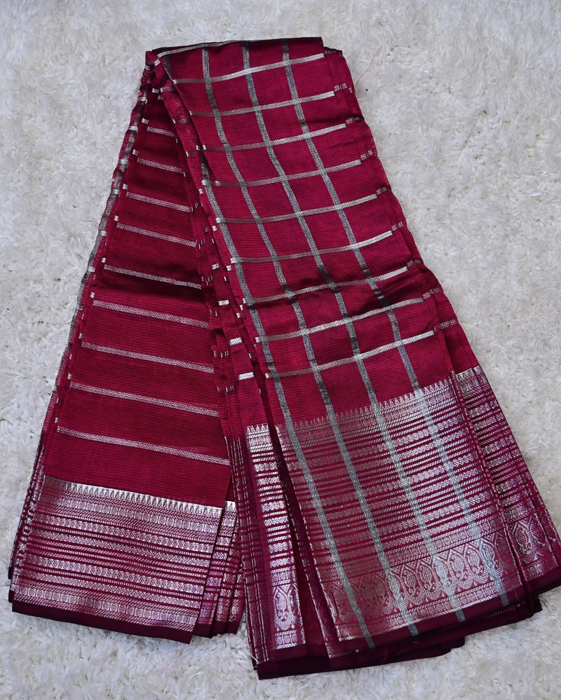 Ragini – Pure Mangalagiri Silk by Cotton Saree in Deep Red with Silver Zari Checks and Stripes