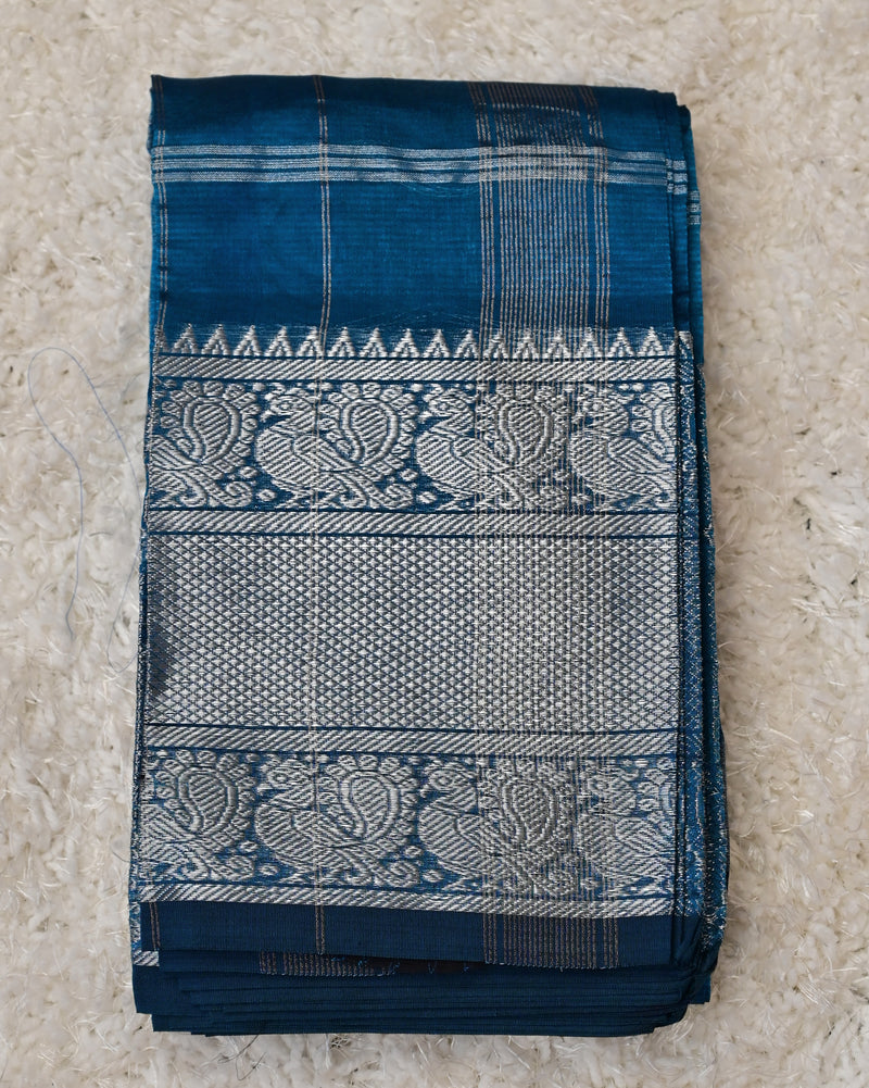 Neelisha – Silk by Cotton Saree in Deep Blue with Silver Zari Accents