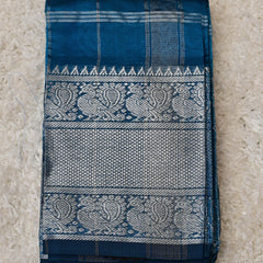 Neelisha – Silk by Cotton Saree in Deep Blue with Silver Zari Accents