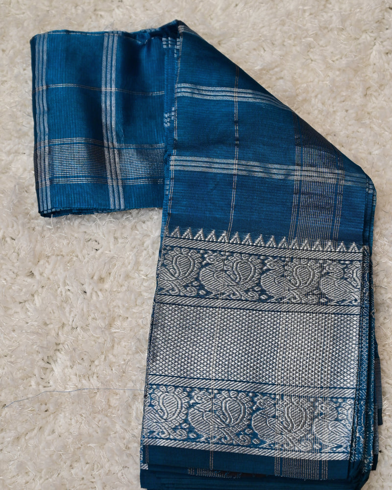 Neelisha – Silk by Cotton Saree in Deep Blue with Silver Zari Accents