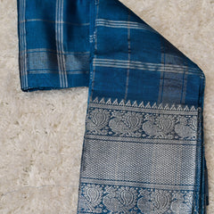 Neelisha – Silk by Cotton Saree in Deep Blue with Silver Zari Accents