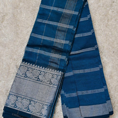 Neelisha – Silk by Cotton Saree in Deep Blue with Silver Zari Accents