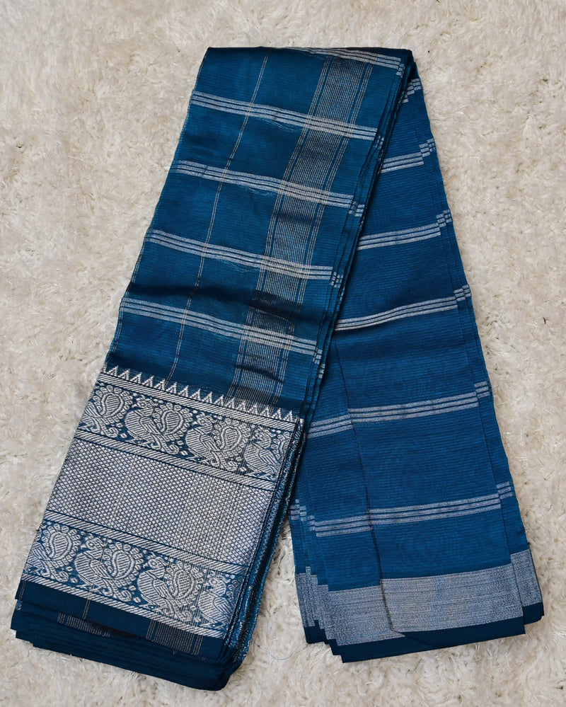 Neelisha – Silk by Cotton Saree in Deep Blue with Silver Zari Accents