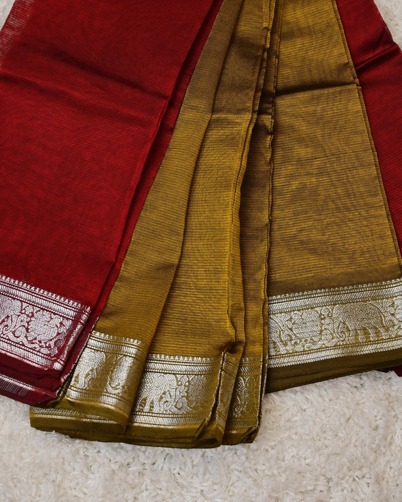 Akhila – Pure Mangalagiri Silk by Cotton Saree in Mustard with Red Contrast