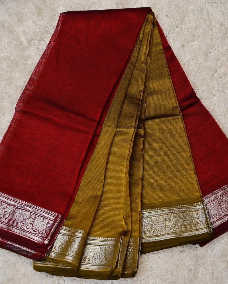 Akhila – Pure Mangalagiri Silk by Cotton Saree in Mustard with Red Contrast