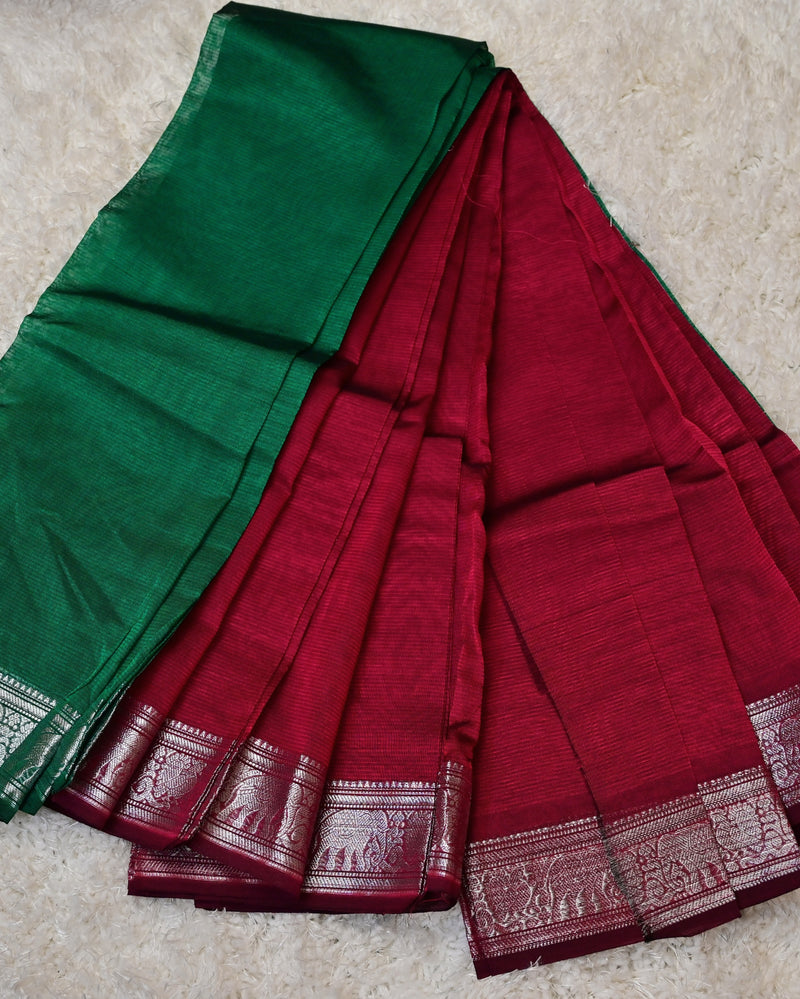 Pravalika– Pure Mangalagiri Silk by Cotton Saree in Pink with Green Contrast