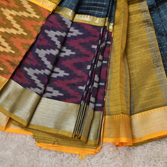 Sandhya – Pure Mangalagiri Silk by Cotton Saree in Blue with Mustard Pallu & Pochampally Border