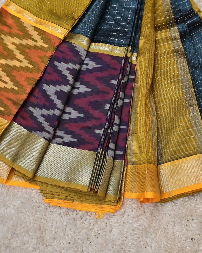 Sandhya – Pure Mangalagiri Silk by Cotton Saree in Blue with Mustard Pallu & Pochampally Border