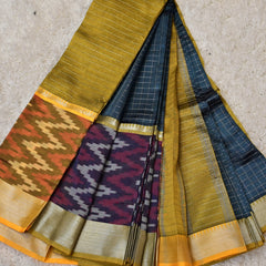 Sandhya – Pure Mangalagiri Silk by Cotton Saree in Blue with Mustard Pallu & Pochampally Border