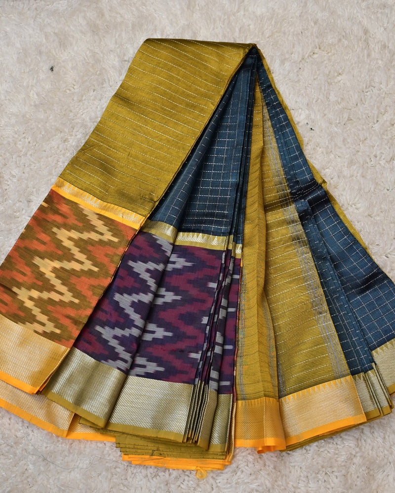 Sandhya – Pure Mangalagiri Silk by Cotton Saree in Blue with Mustard Pallu & Pochampally Border