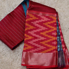 Aaradhya – Pure Mangalagiri Silk by Cotton Saree in Blue with Contrast Red and Pochampally Border