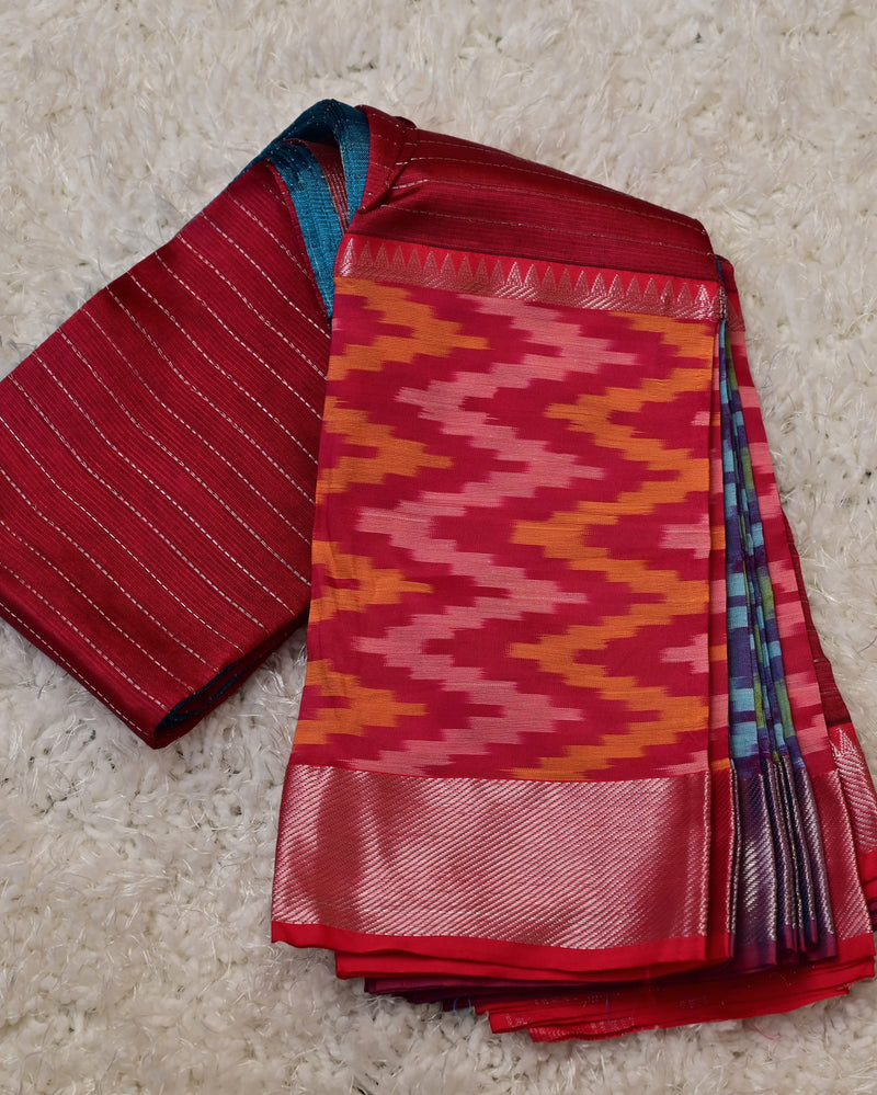 Aaradhya – Pure Mangalagiri Silk by Cotton Saree in Blue with Contrast Red and Pochampally Border