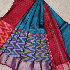 Aaradhya – Pure Mangalagiri Silk by Cotton Saree in Blue with Contrast Red and Pochampally Border