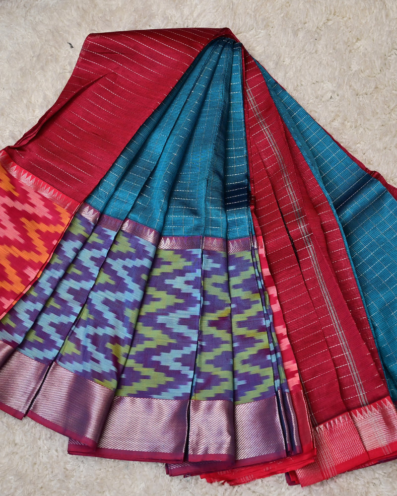 Aaradhya – Pure Mangalagiri Silk by Cotton Saree in Blue with Contrast Red and Pochampally Border