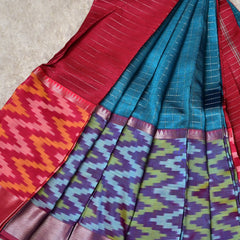 Aaradhya – Pure Mangalagiri Silk by Cotton Saree in Blue with Contrast Red and Pochampally Border