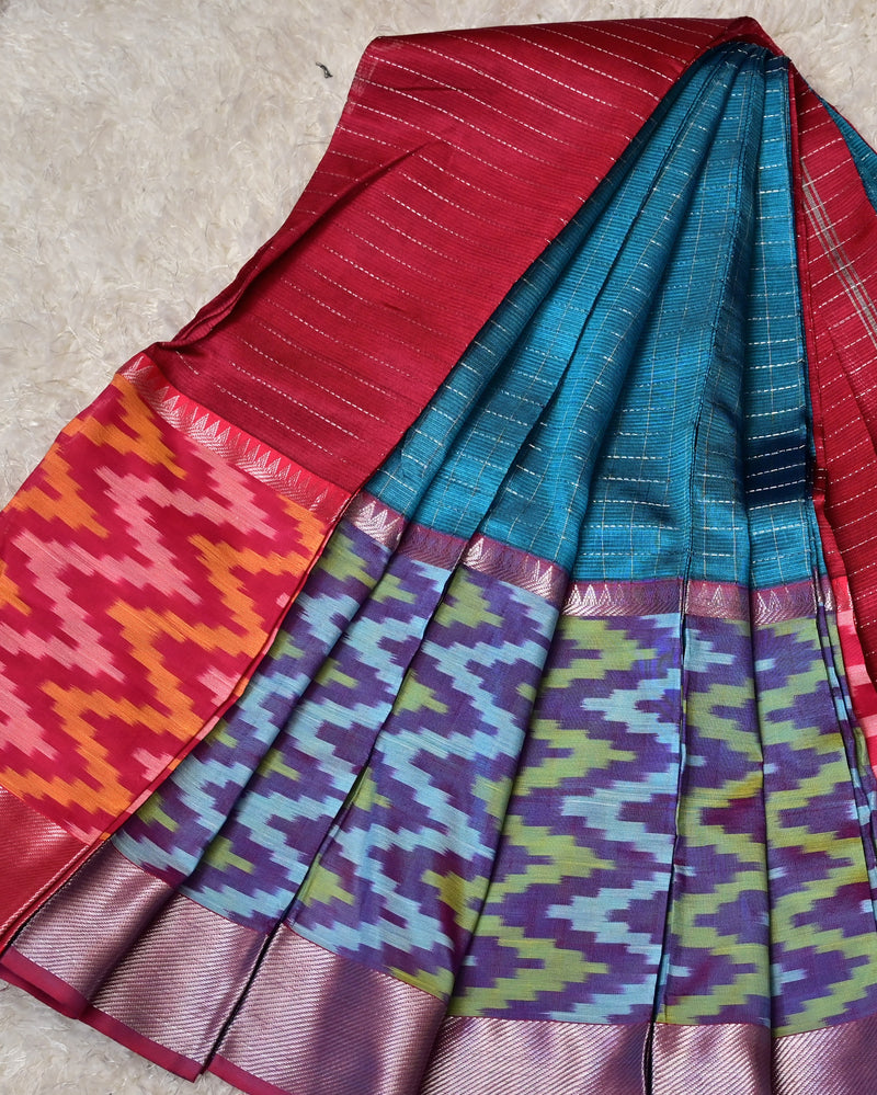 Aaradhya – Pure Mangalagiri Silk by Cotton Saree in Blue with Contrast Red and Pochampally Border