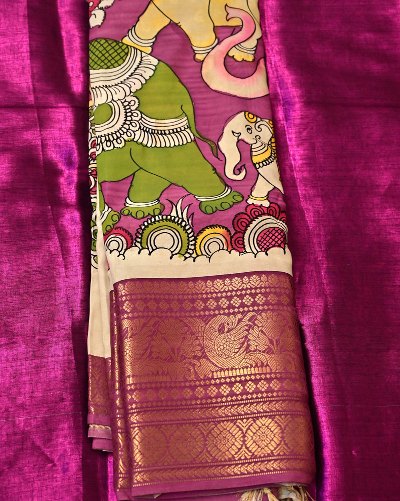 Vaibhavi – Mangalagiri Silk Pen Kalamkari Saree in Violet with Mythical Motifs