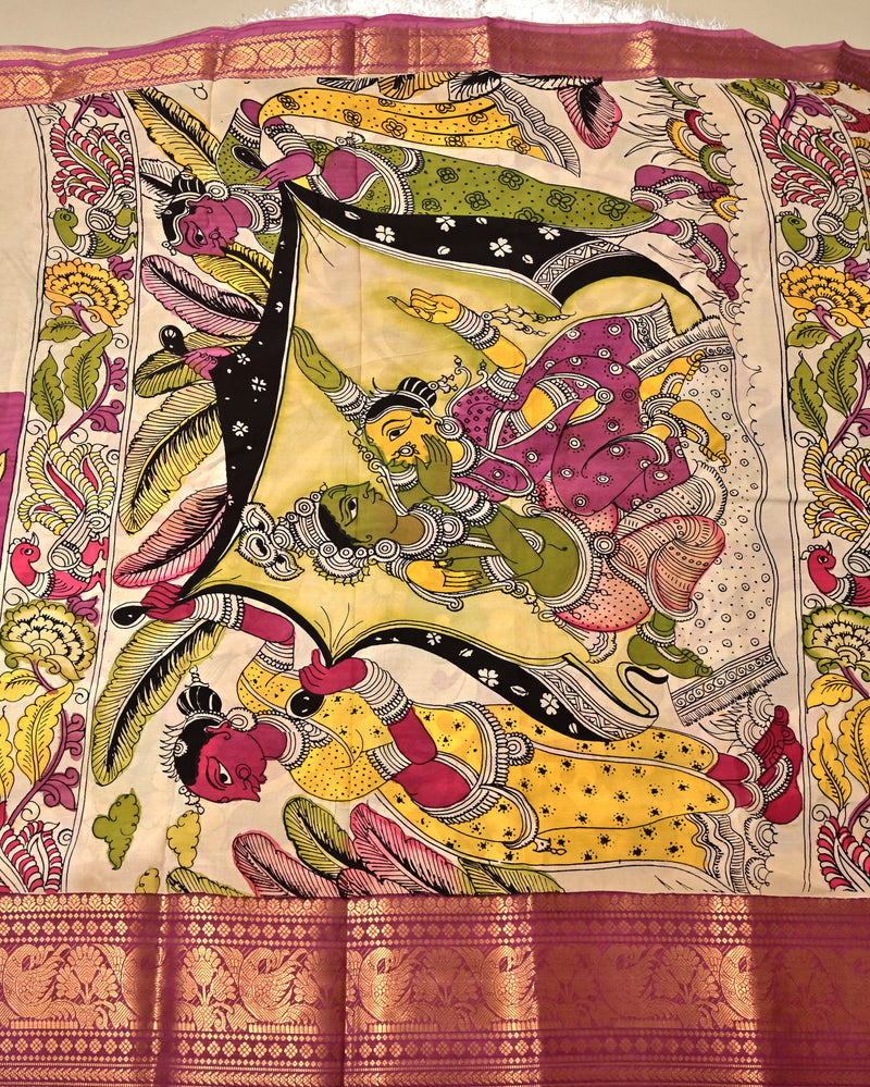 Vaibhavi – Mangalagiri Silk Pen Kalamkari Saree in Violet with Mythical Motifs
