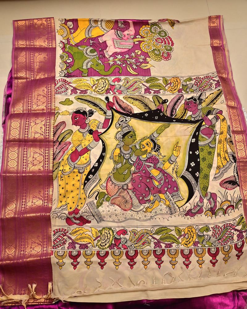 Vaibhavi – Mangalagiri Silk Pen Kalamkari Saree in Violet with Mythical Motifs