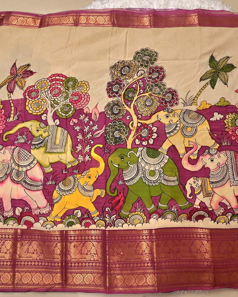 Vaibhavi – Mangalagiri Silk Pen Kalamkari Saree in Violet with Mythical Motifs